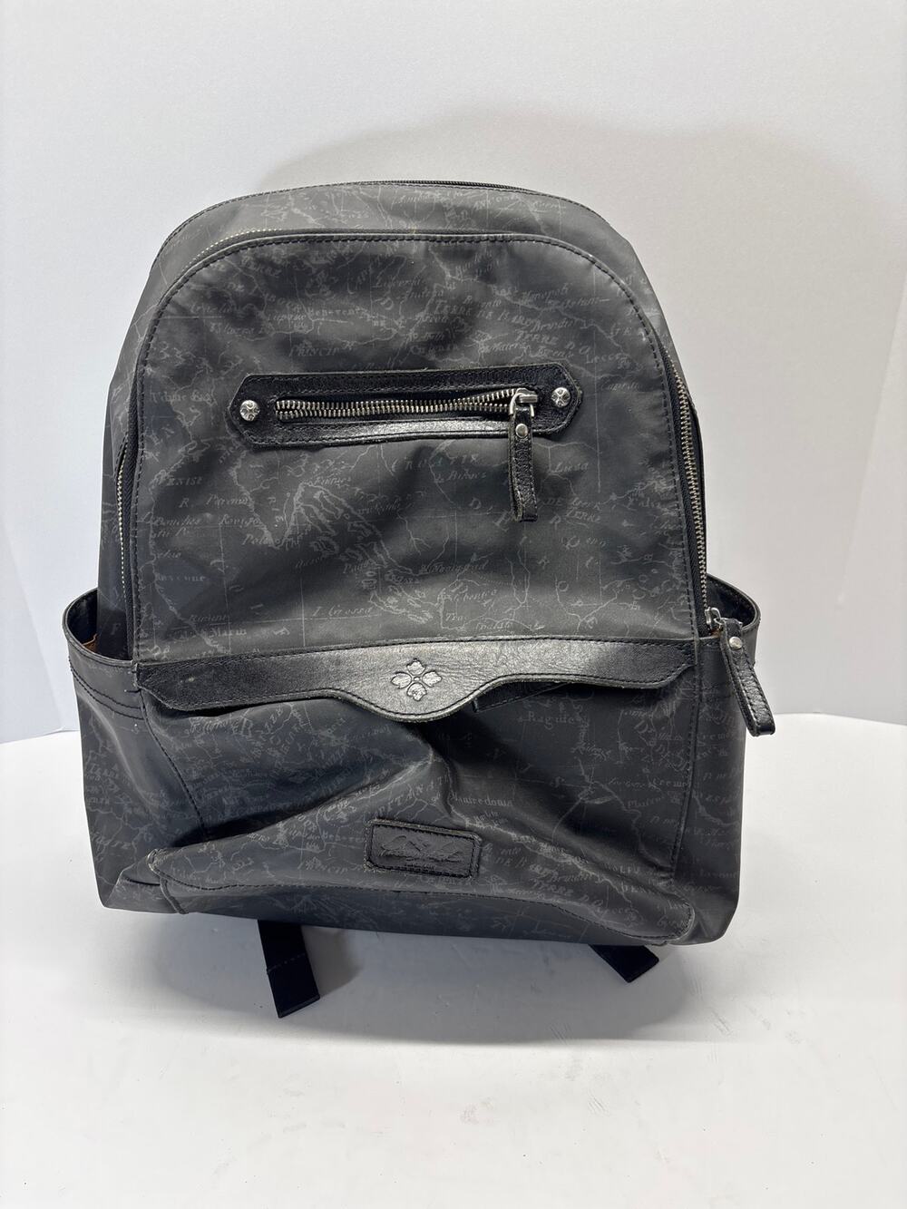 Patricia Nash European Map Backpack Black Gray Leather Trim Travel Bag